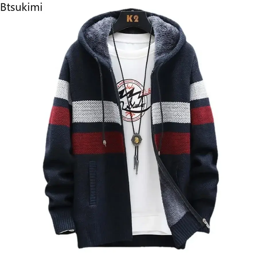2025 Men's Thicker Warm Knitted Sweaters Hooded Cardigan Jackets Fashion Striped Zipper Knit Sweater Jacket Windproof Coats Male