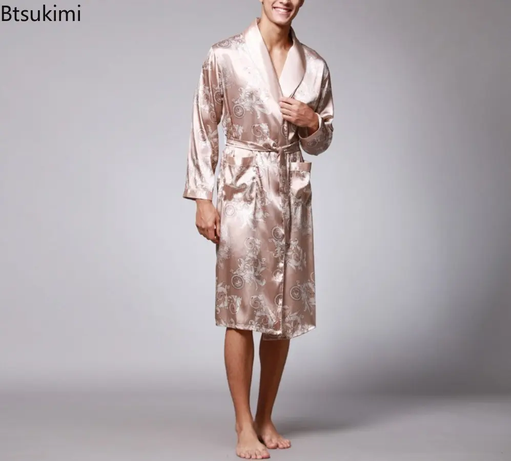 2025 Men Summer Long Sleeved Bathrobes Silk Satin Golden Dragon Long Bathrobe Dressing Gown Knee Length Home Clothes Sleepwear