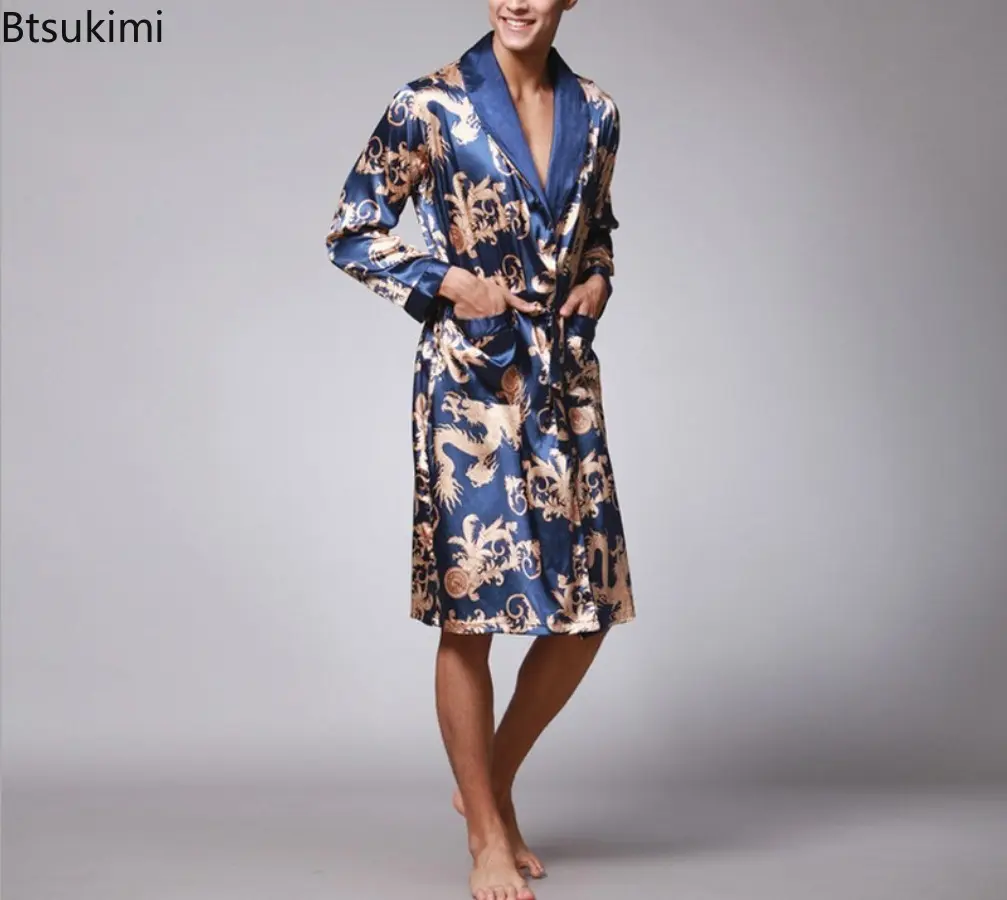2025 Men Summer Long Sleeved Bathrobes Silk Satin Golden Dragon Long Bathrobe Dressing Gown Knee Length Home Clothes Sleepwear