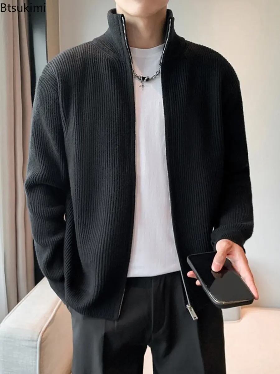 2025 New Spring Autumn Sweater Cardigan Thin Knitted Coat Men's Fashion Versatile Solid Color Long Sleeve Zipper Jacket Coats