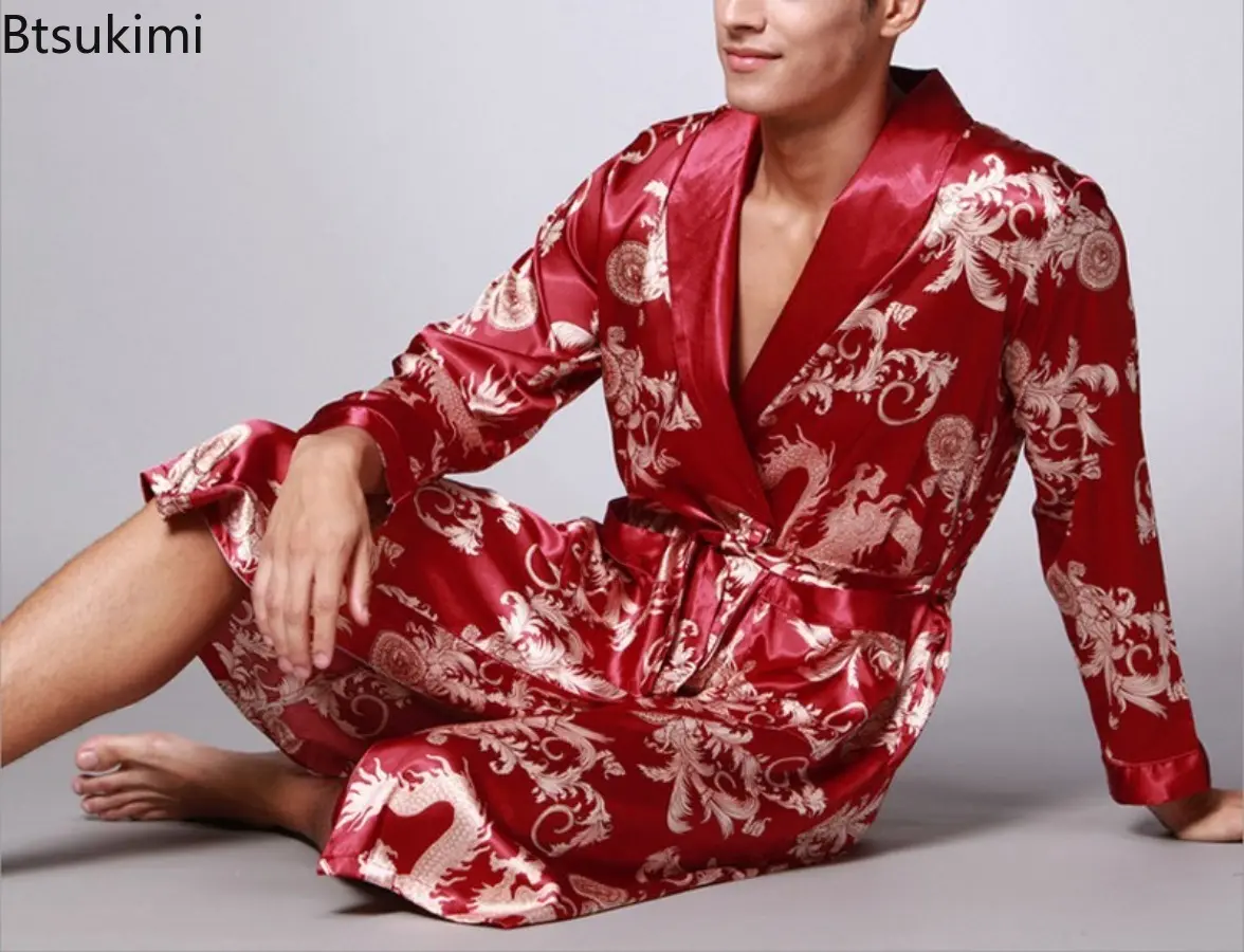 2025 Men Summer Long Sleeved Bathrobes Silk Satin Golden Dragon Long Bathrobe Dressing Gown Knee Length Home Clothes Sleepwear