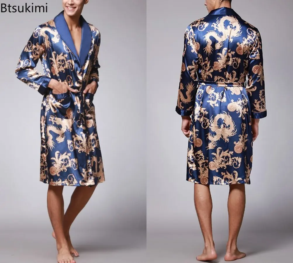 2025 Men Summer Long Sleeved Bathrobes Silk Satin Golden Dragon Long Bathrobe Dressing Gown Knee Length Home Clothes Sleepwear