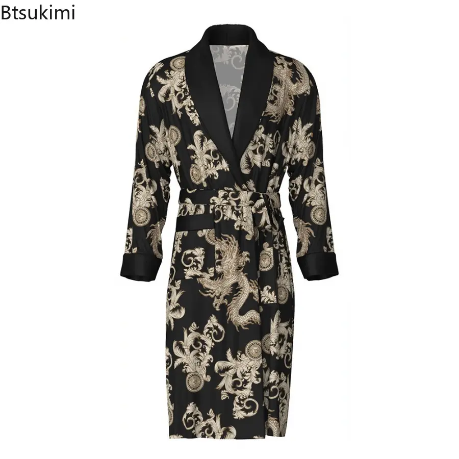 2025 Men Summer Long Sleeved Bathrobes Silk Satin Golden Dragon Long Bathrobe Dressing Gown Knee Length Home Clothes Sleepwear