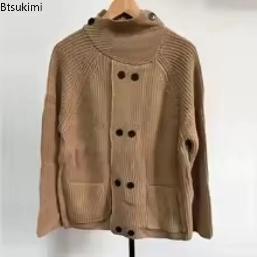 Men's Winter Knit Turtleneck Sweater Long Sleeve Solid Knitwear Cardigan Jacket Retro Leisure Double-breasted Pocket Pullover