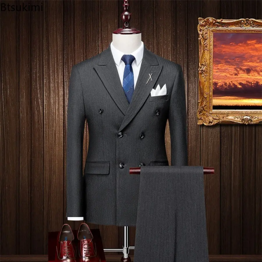 Fashion Korean Style Men's Business Formal Suit Three Pieces Sets Blazes+Vest+Pant Slim Groom Dress Double-breasted Suits Male