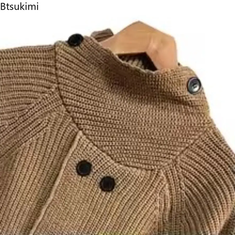 Men's Winter Knit Turtleneck Sweater Long Sleeve Solid Knitwear Cardigan Jacket Retro Leisure Double-breasted Pocket Pullover