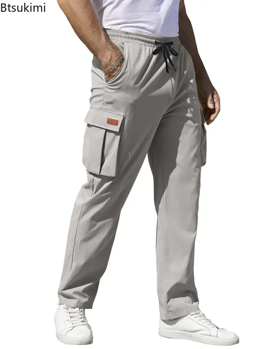 2025 Men's Fashion Cotton Cargo Pants Multi-pockets Design Drawstring Casual Loose Straight Pants Men Outdoor Sport Jogger Pants