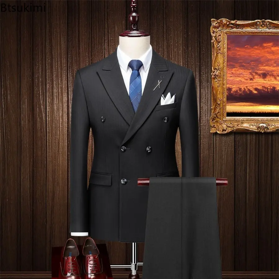 Fashion Korean Style Men's Business Formal Suit Three Pieces Sets Blazes+Vest+Pant Slim Groom Dress Double-breasted Suits Male