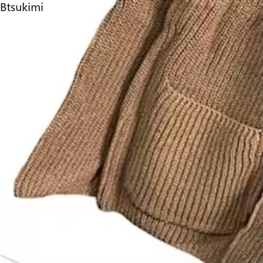 Men's Winter Knit Turtleneck Sweater Long Sleeve Solid Knitwear Cardigan Jacket Retro Leisure Double-breasted Pocket Pullover
