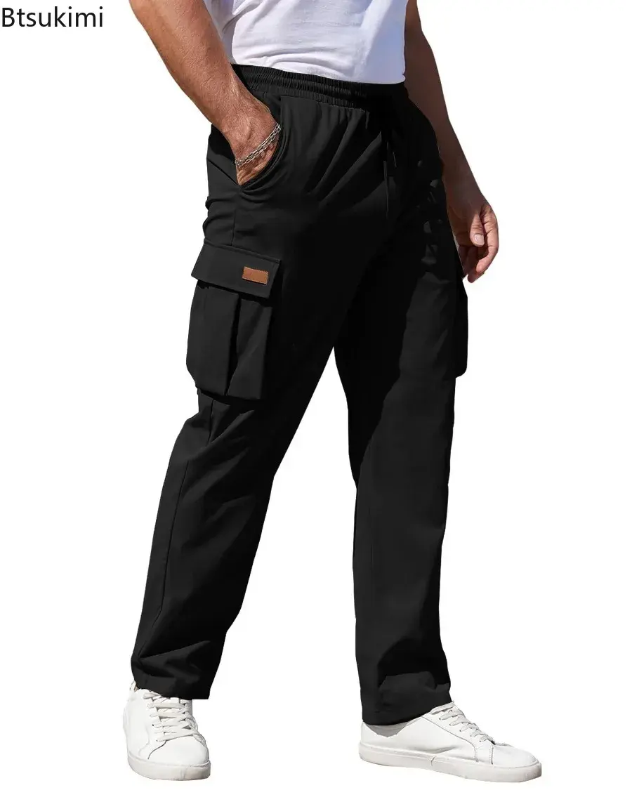 2025 Men's Fashion Cotton Cargo Pants Multi-pockets Design Drawstring Casual Loose Straight Pants Men Outdoor Sport Jogger Pants
