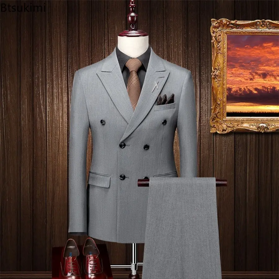 Fashion Korean Style Men's Business Formal Suit Three Pieces Sets Blazes+Vest+Pant Slim Groom Dress Double-breasted Suits Male