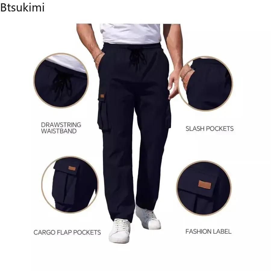 2025 Men's Fashion Cotton Cargo Pants Multi-pockets Design Drawstring Casual Loose Straight Pants Men Outdoor Sport Jogger Pants