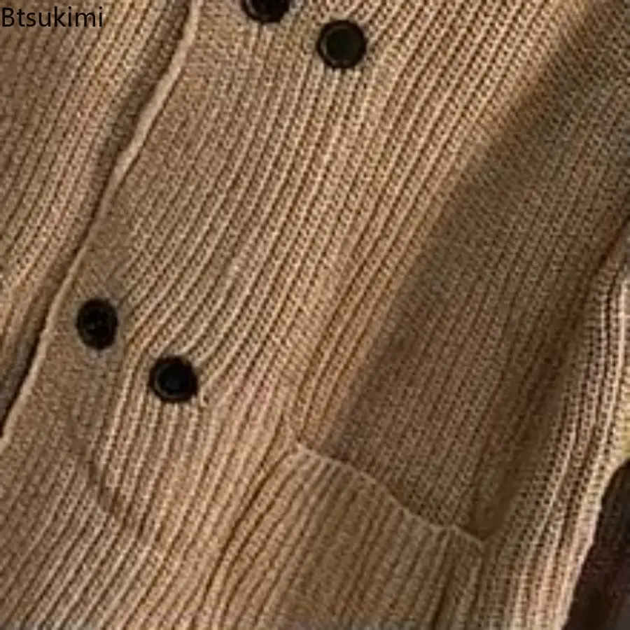 Men's Winter Knit Turtleneck Sweater Long Sleeve Solid Knitwear Cardigan Jacket Retro Leisure Double-breasted Pocket Pullover