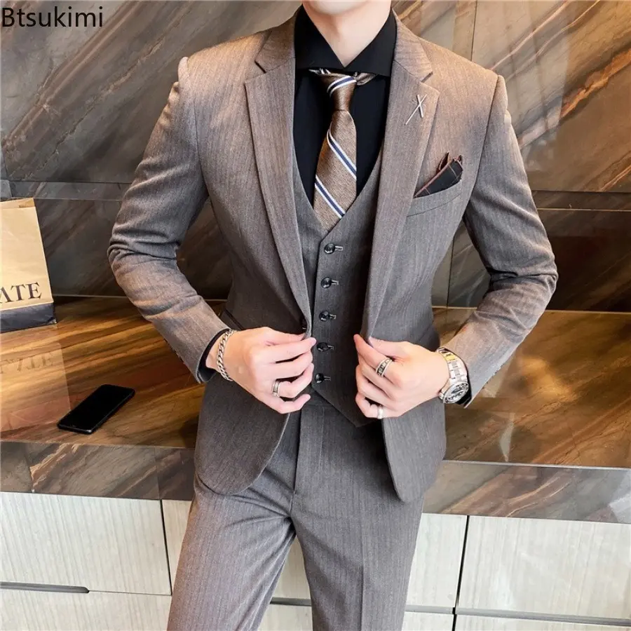 Fashion Korean Style Men's Business Formal Suit Three Pieces Sets Blazes+Vest+Pant Slim Groom Dress Double-breasted Suits Male