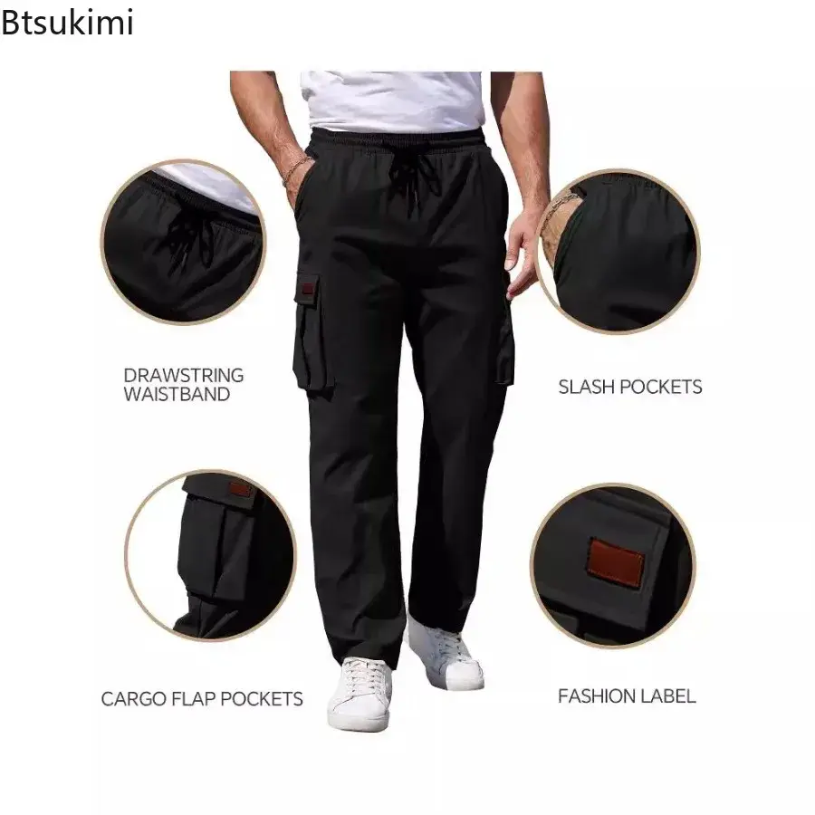 2025 Men's Fashion Cotton Cargo Pants Multi-pockets Design Drawstring Casual Loose Straight Pants Men Outdoor Sport Jogger Pants