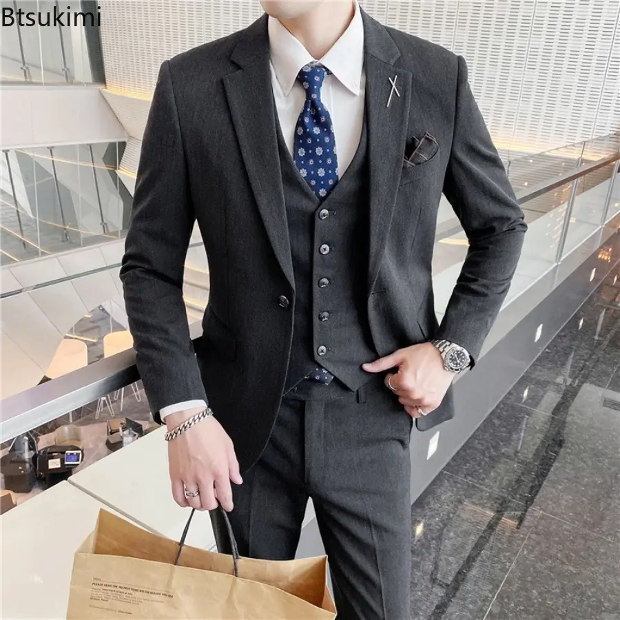 Fashion Korean Style Men's Business Formal Suit Three Pieces Sets Blazes+Vest+Pant Slim Groom Dress Double-breasted Suits Male