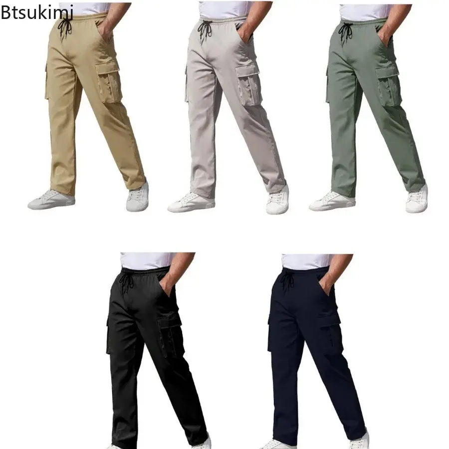 2025 Men's Fashion Cotton Cargo Pants Multi-pockets Design Drawstring Casual Loose Straight Pants Men Outdoor Sport Jogger Pants