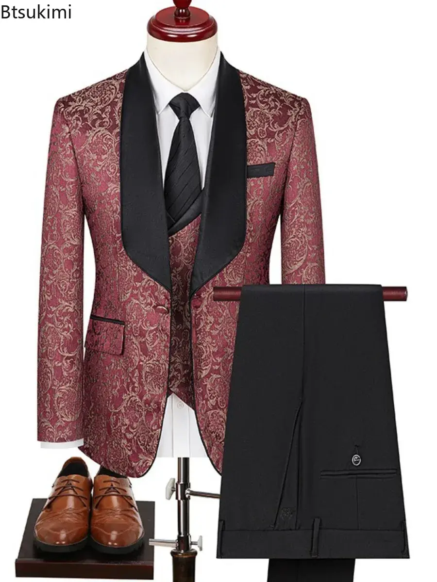 2025 New Men's Boutique Jacquard Suits Three-pieces Luxuly Printed Hig-end Wedding Banquet Dress Tuxedo Sets (Jacket+Vest+Pants)