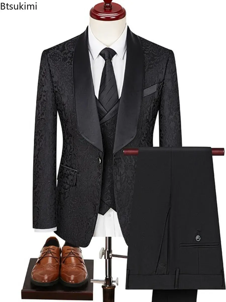 2025 New Men's Boutique Jacquard Suits Three-pieces Luxuly Printed Hig-end Wedding Banquet Dress Tuxedo Sets (Jacket+Vest+Pants)