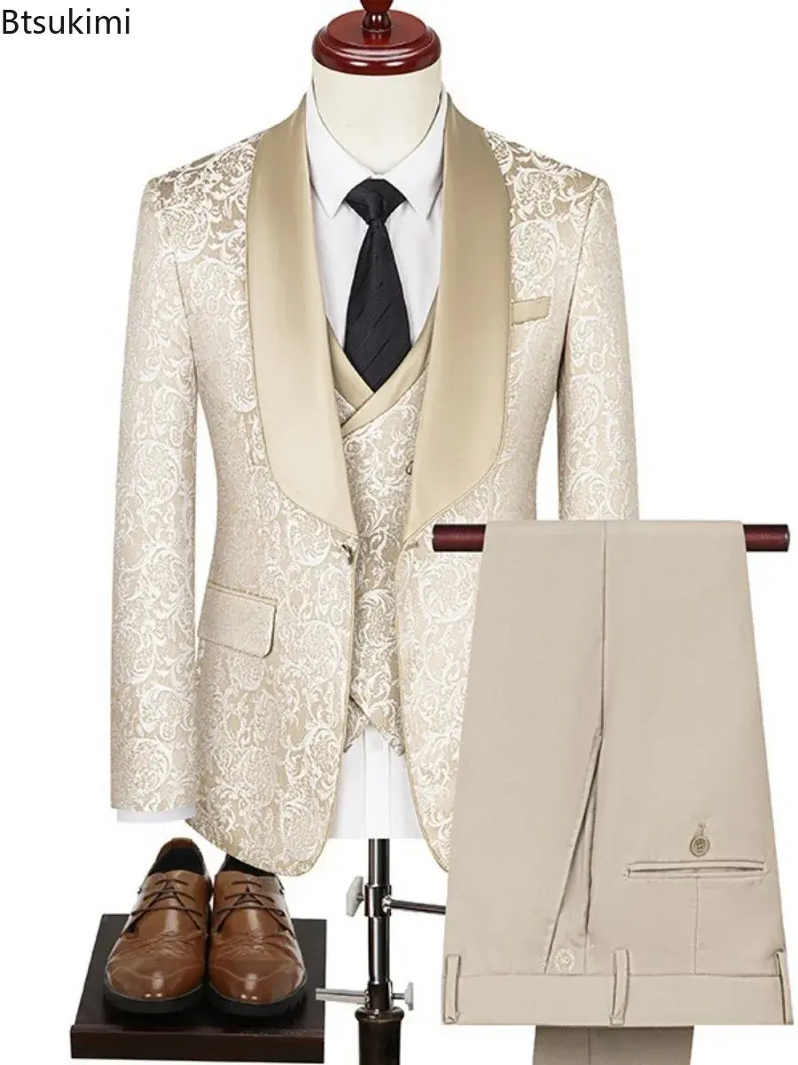 2025 New Men's Boutique Jacquard Suits Three-pieces Luxuly Printed Hig-end Wedding Banquet Dress Tuxedo Sets (Jacket+Vest+Pants)