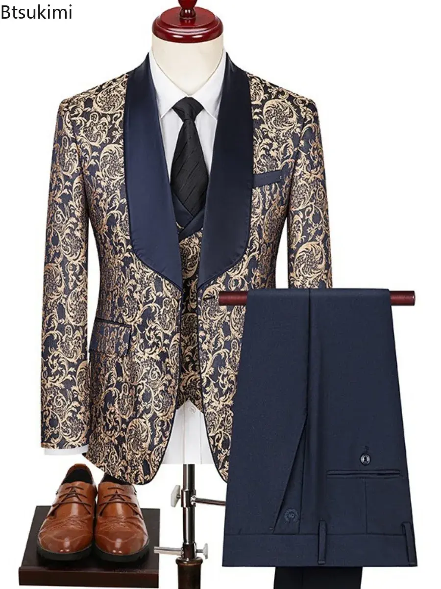 2025 New Men's Boutique Jacquard Suits Three-pieces Luxuly Printed Hig-end Wedding Banquet Dress Tuxedo Sets (Jacket+Vest+Pants)
