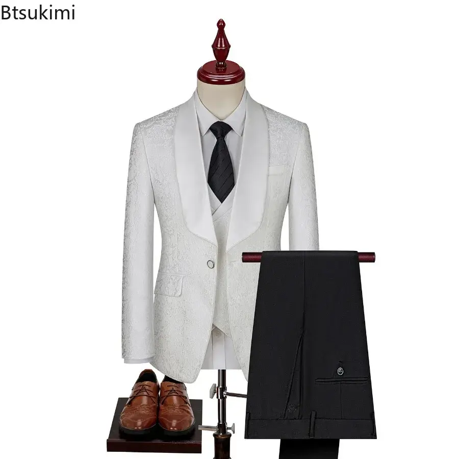2025 New Men's Boutique Jacquard Suits Three-pieces Luxuly Printed Hig-end Wedding Banquet Dress Tuxedo Sets (Jacket+Vest+Pants)