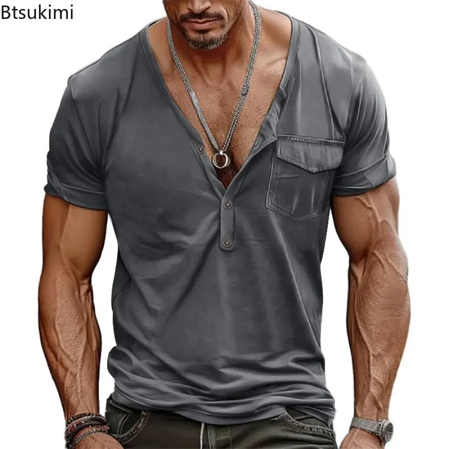 Men's Leisure Loose T-shirt Fashion Patchwork Pocket Button V-neck Henley Shirts Vintage Solid Short Sleeve High-grade Tees Male