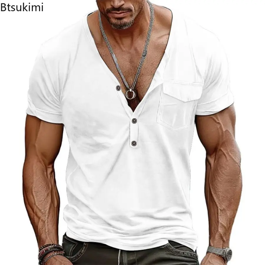 Men's Leisure Loose T-shirt Fashion Patchwork Pocket Button V-neck Henley Shirts Vintage Solid Short Sleeve High-grade Tees Male
