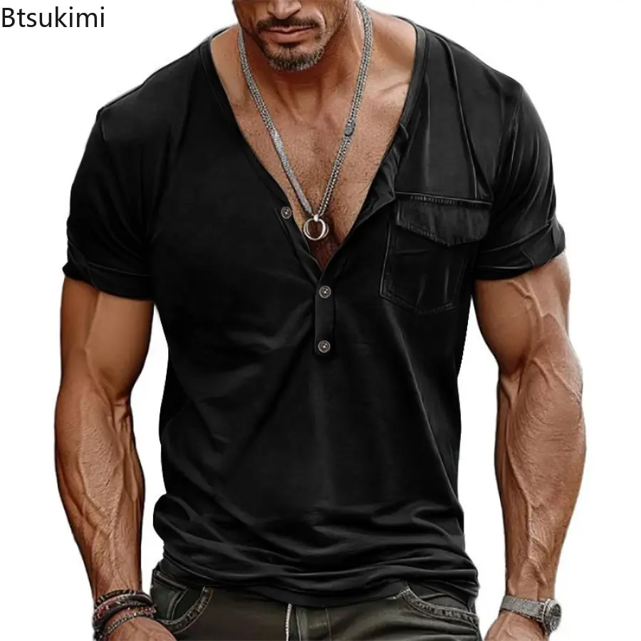 Men's Leisure Loose T-shirt Fashion Patchwork Pocket Button V-neck Henley Shirts Vintage Solid Short Sleeve High-grade Tees Male