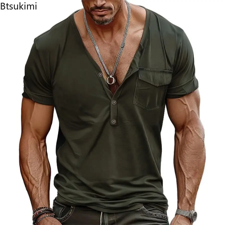 Men's Leisure Loose T-shirt Fashion Patchwork Pocket Button V-neck Henley Shirts Vintage Solid Short Sleeve High-grade Tees Male