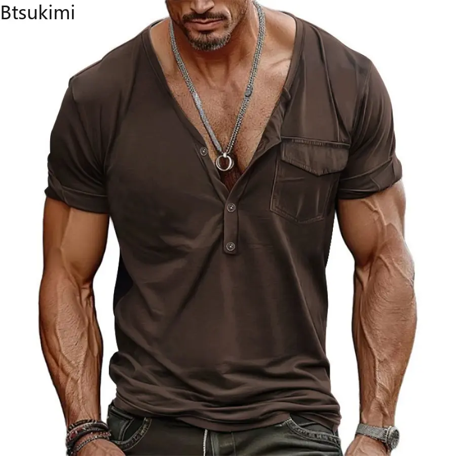 Men's Leisure Loose T-shirt Fashion Patchwork Pocket Button V-neck Henley Shirts Vintage Solid Short Sleeve High-grade Tees Male