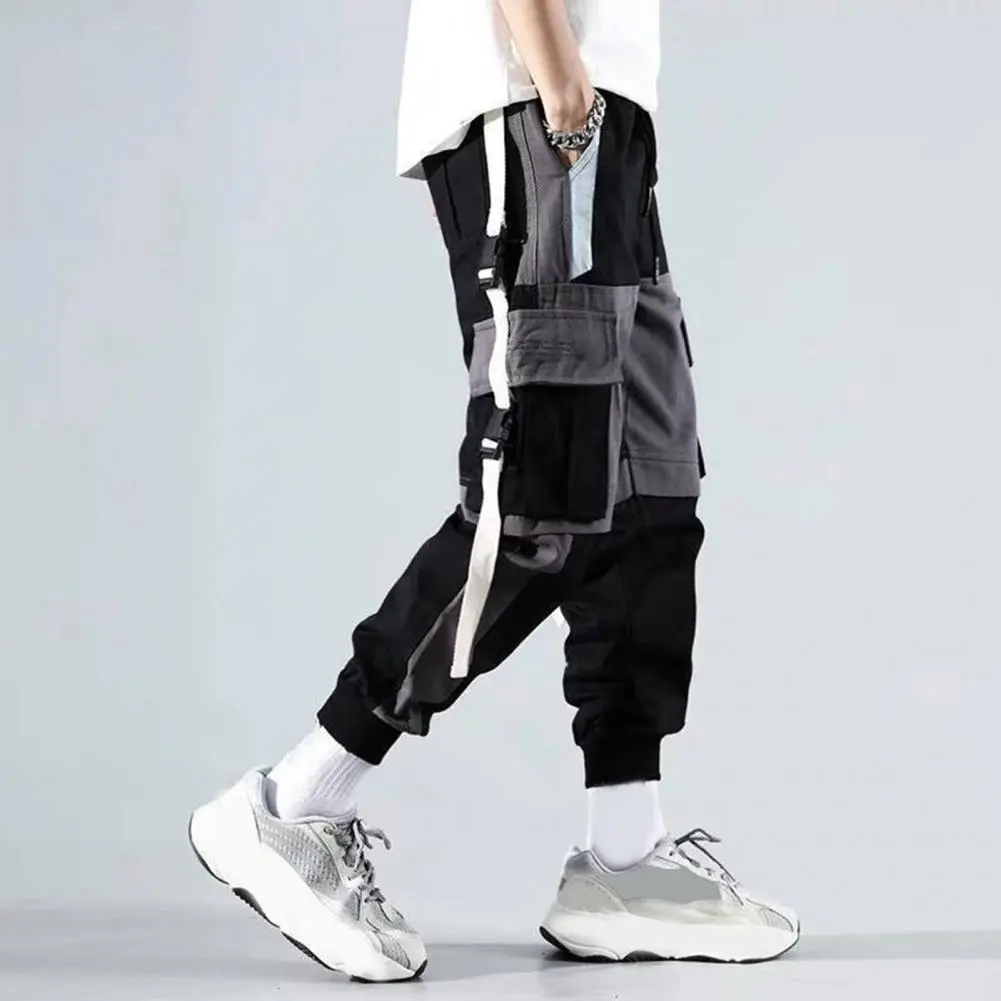 Multi Pockets Men Cargo Pants Loose Mid Waist Buckle Decor Ankle-banded Hip Hop Ninth Pants Male Long Trousers for Men