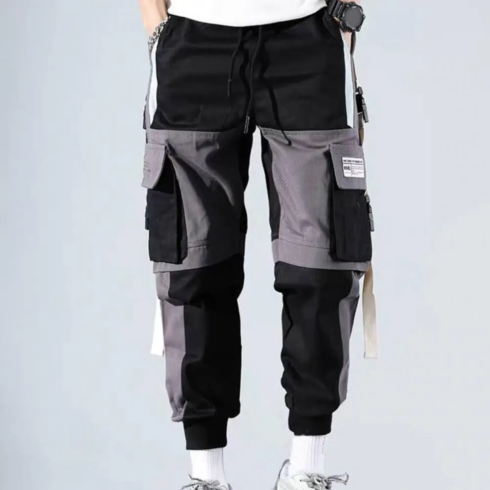 Multi Pockets Men Cargo Pants Loose Mid Waist Buckle Decor Ankle-banded Hip Hop Ninth Pants Male Long Trousers for Men