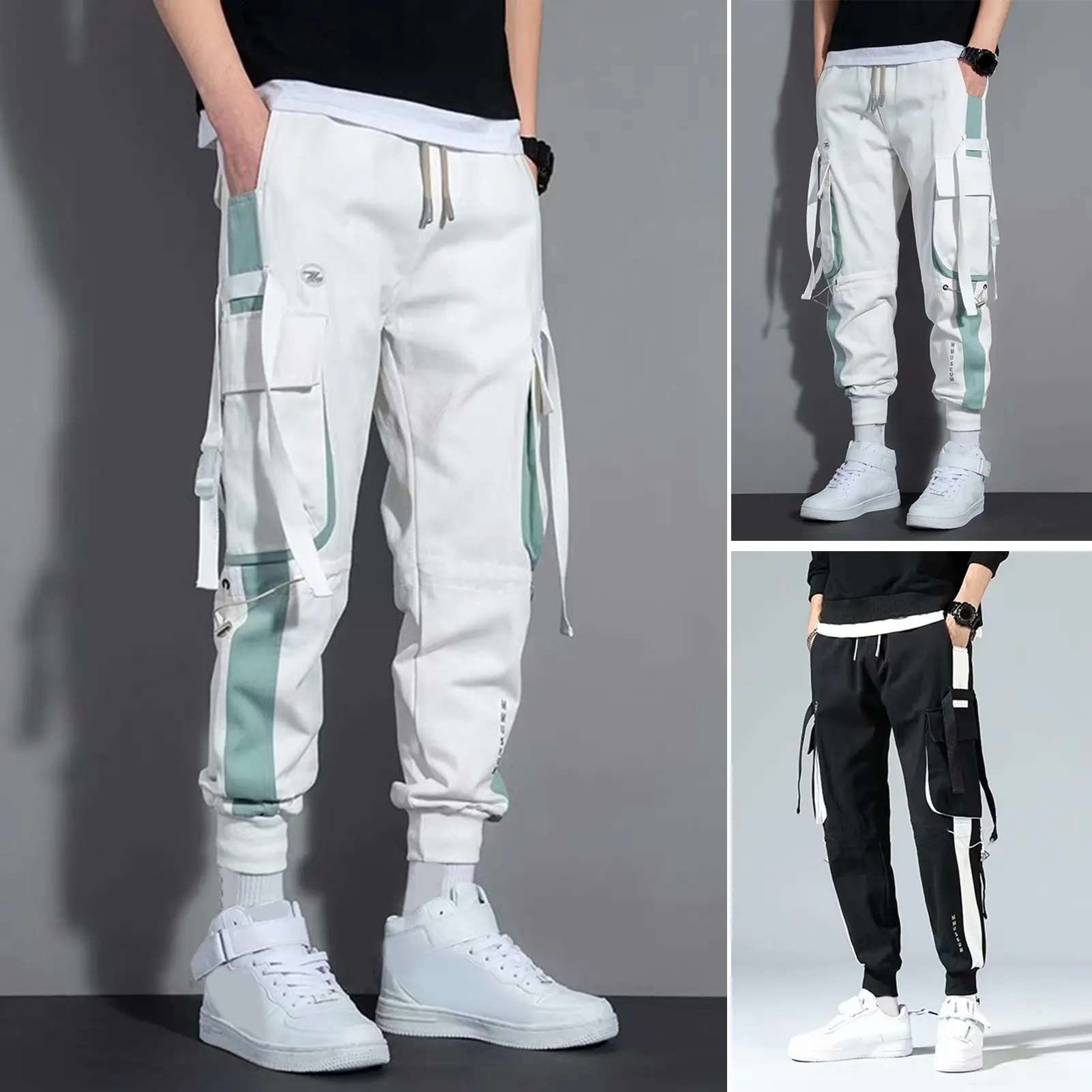 Multi Pockets Men Cargo Pants Loose Mid Waist Buckle Decor Ankle-banded Hip Hop Ninth Pants Male Long Trousers for Men