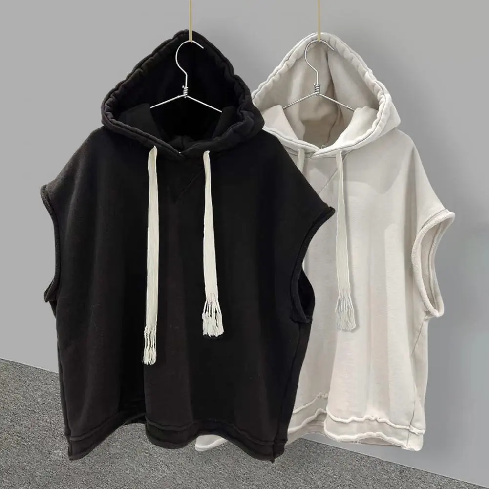 Drawstring Summer Men T-shirt Hooded Solid Color Curled Edge Hip Hop Sleeveless T-shirts Casual Pullover Tank Top Sports Hoodie