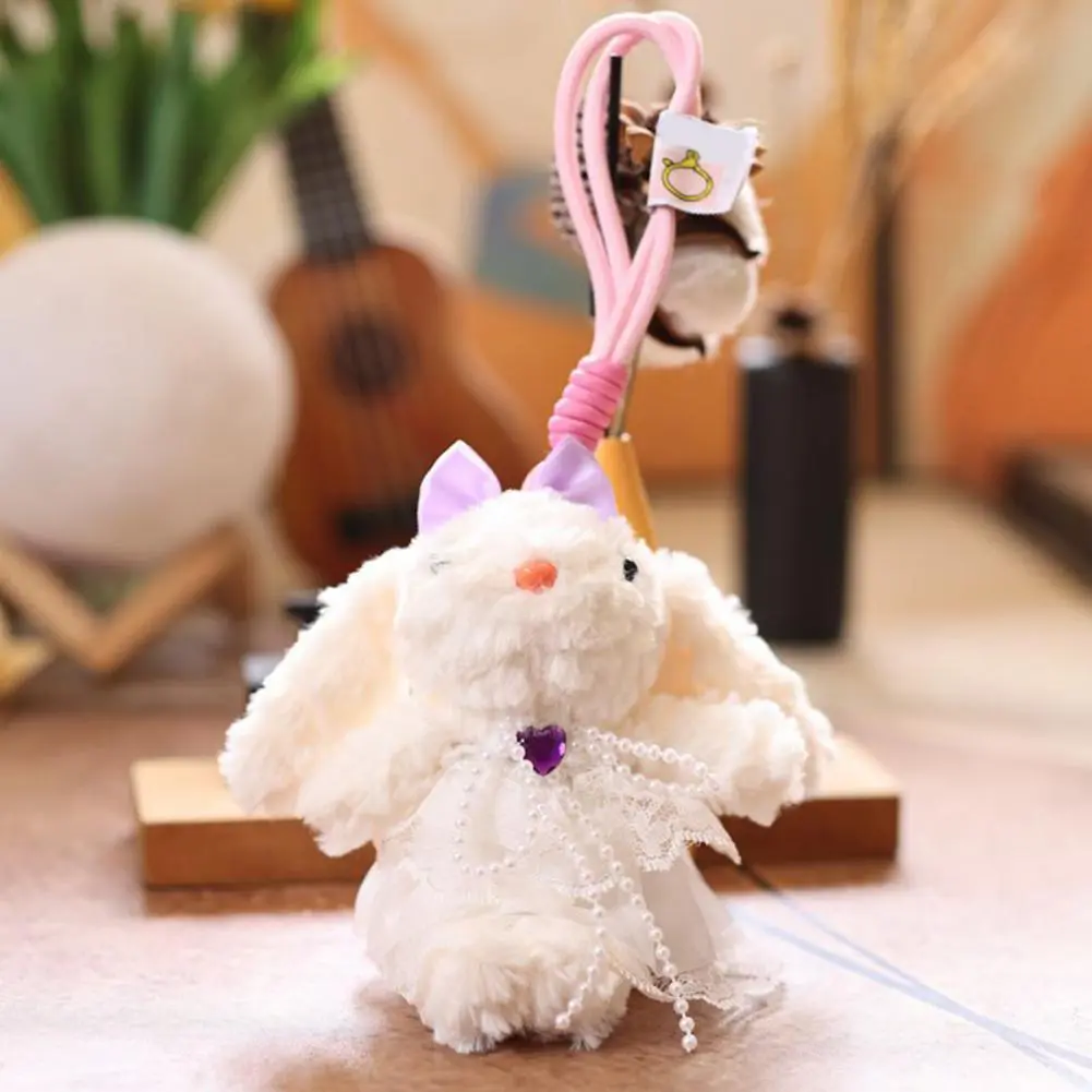 White Gauze Dress Keychain Doll Pendant Keychain Cute Rabbit Plush Keychain with Heart Bowknot Necklace Backpack for Car