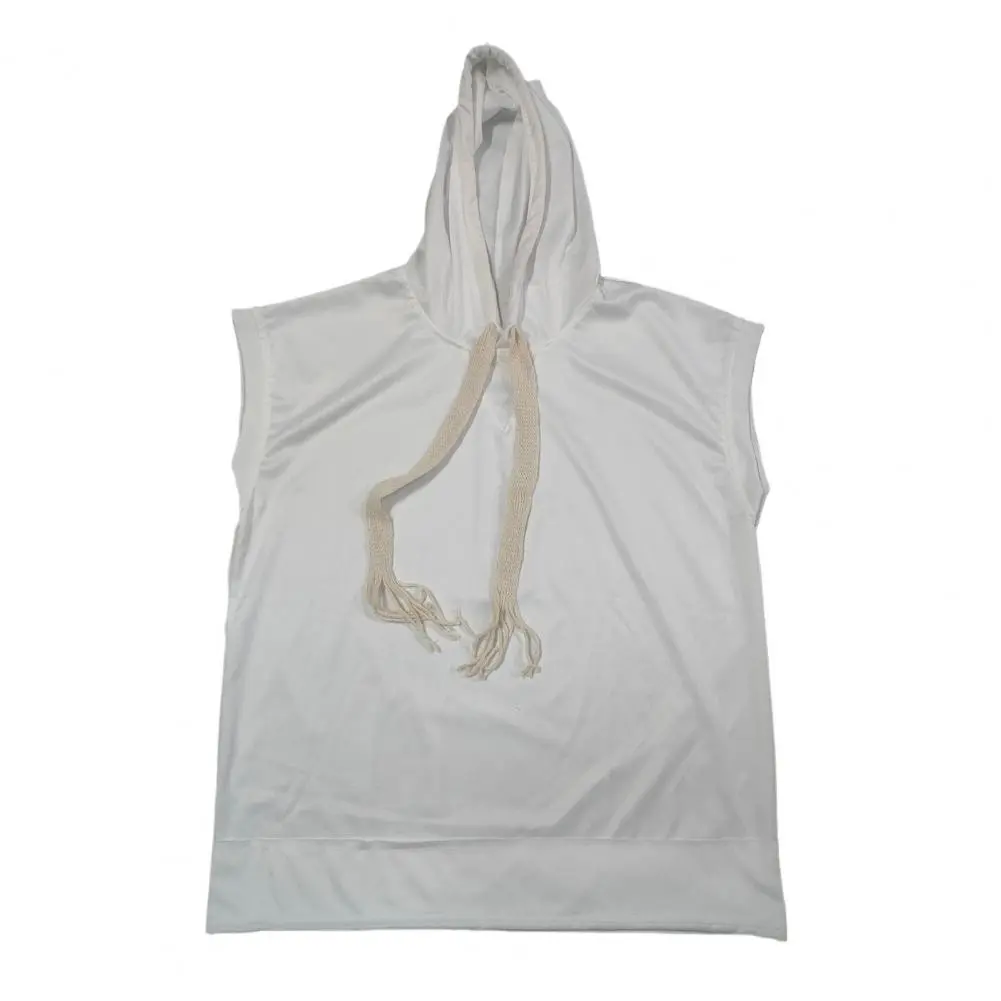 Drawstring Summer Men T-shirt Hooded Solid Color Curled Edge Hip Hop Sleeveless T-shirts Casual Pullover Tank Top Sports Hoodie