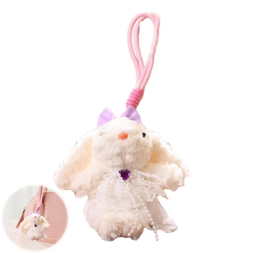 White Gauze Dress Keychain Doll Pendant Keychain Cute Rabbit Plush Keychain with Heart Bowknot Necklace Backpack for Car