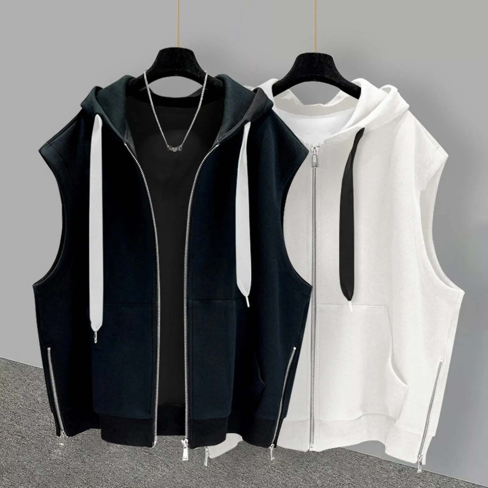 Drawstring Summer Men T-shirt Hooded Solid Color Curled Edge Hip Hop Sleeveless T-shirts Casual Pullover Tank Top Sports Hoodie