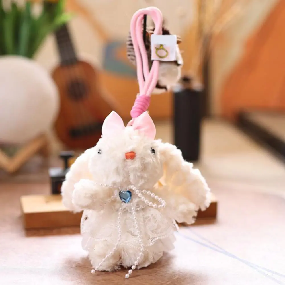 White Gauze Dress Keychain Doll Pendant Keychain Cute Rabbit Plush Keychain with Heart Bowknot Necklace Backpack for Car