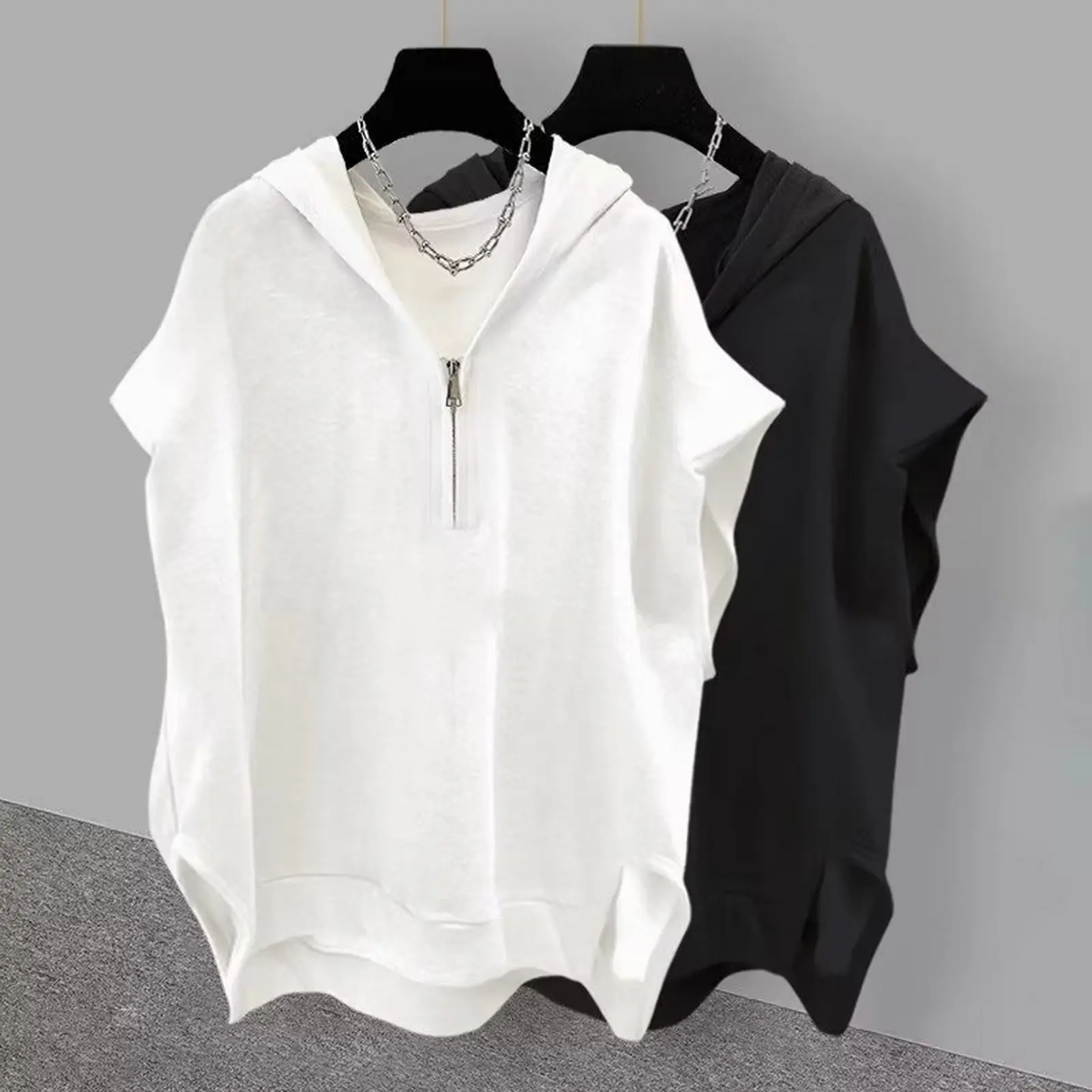 Drawstring Summer Men T-shirt Hooded Solid Color Curled Edge Hip Hop Sleeveless T-shirts Casual Pullover Tank Top Sports Hoodie