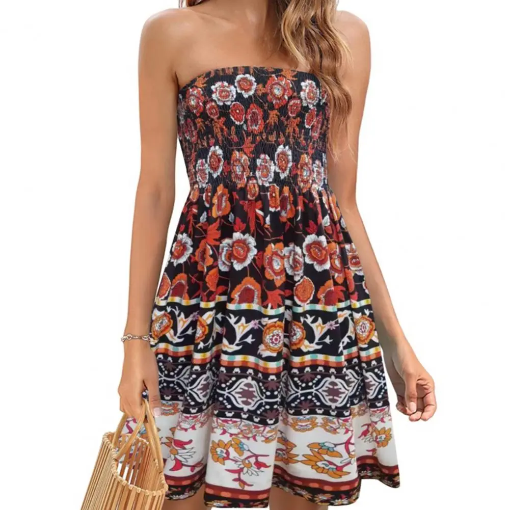 Women Resort Dress Off-shoulder Printed Dress Bohemian Floral Printed Off Shoulder Summer Dress for Women A-line Knee Length
