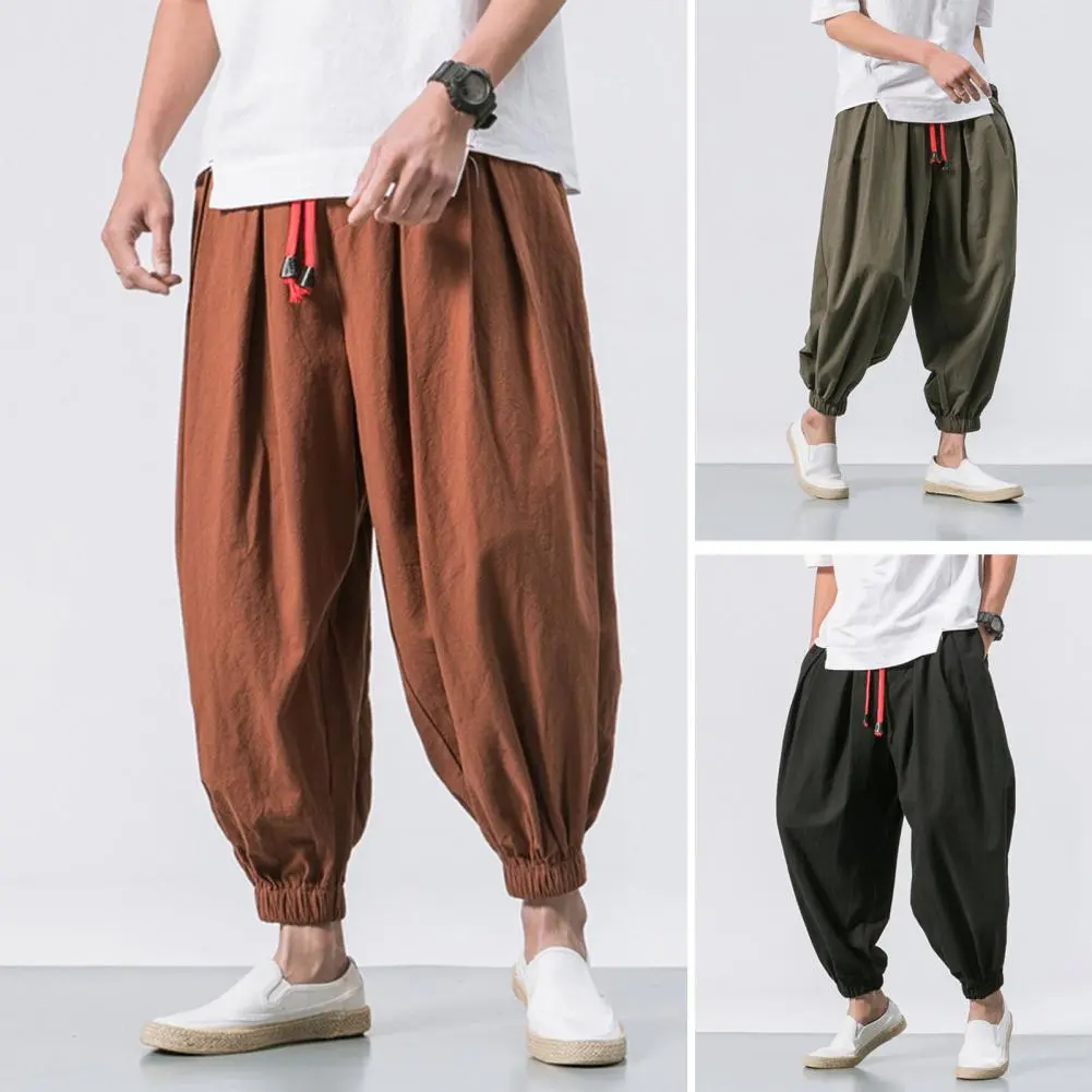 Men Harem Pants Elastic Drawstring Waistband Solid Color Long Pants Chinese Style Side Pockets Retro Bloomers Streetwear