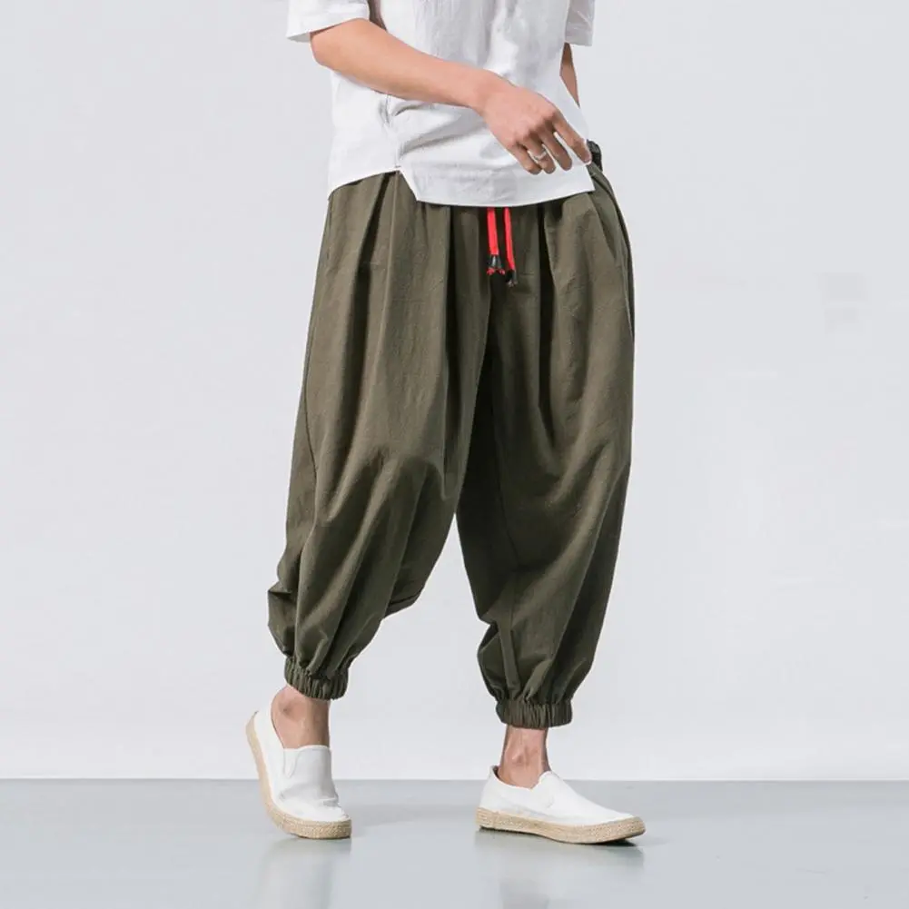 Men Harem Pants Elastic Drawstring Waistband Solid Color Long Pants Chinese Style Side Pockets Retro Bloomers Streetwear