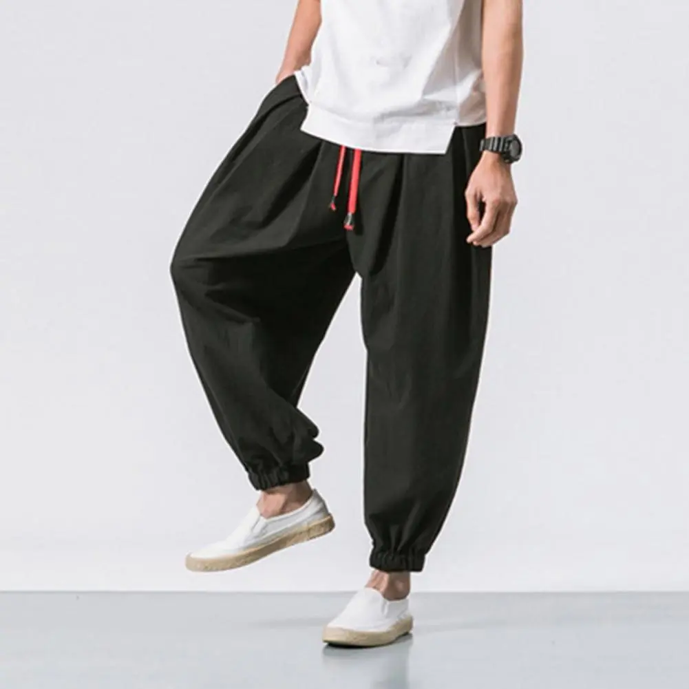 Men Harem Pants Elastic Drawstring Waistband Solid Color Long Pants Chinese Style Side Pockets Retro Bloomers Streetwear