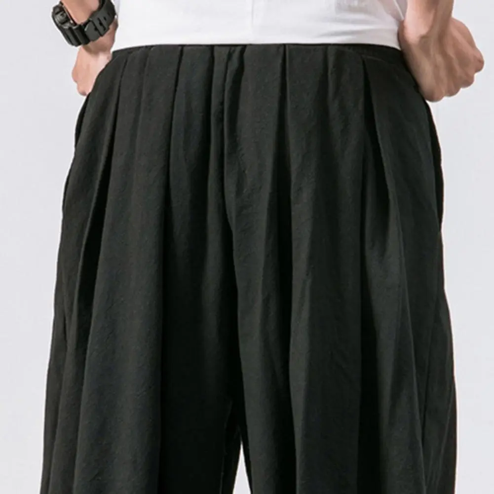 Men Harem Pants Elastic Drawstring Waistband Solid Color Long Pants Chinese Style Side Pockets Retro Bloomers Streetwear