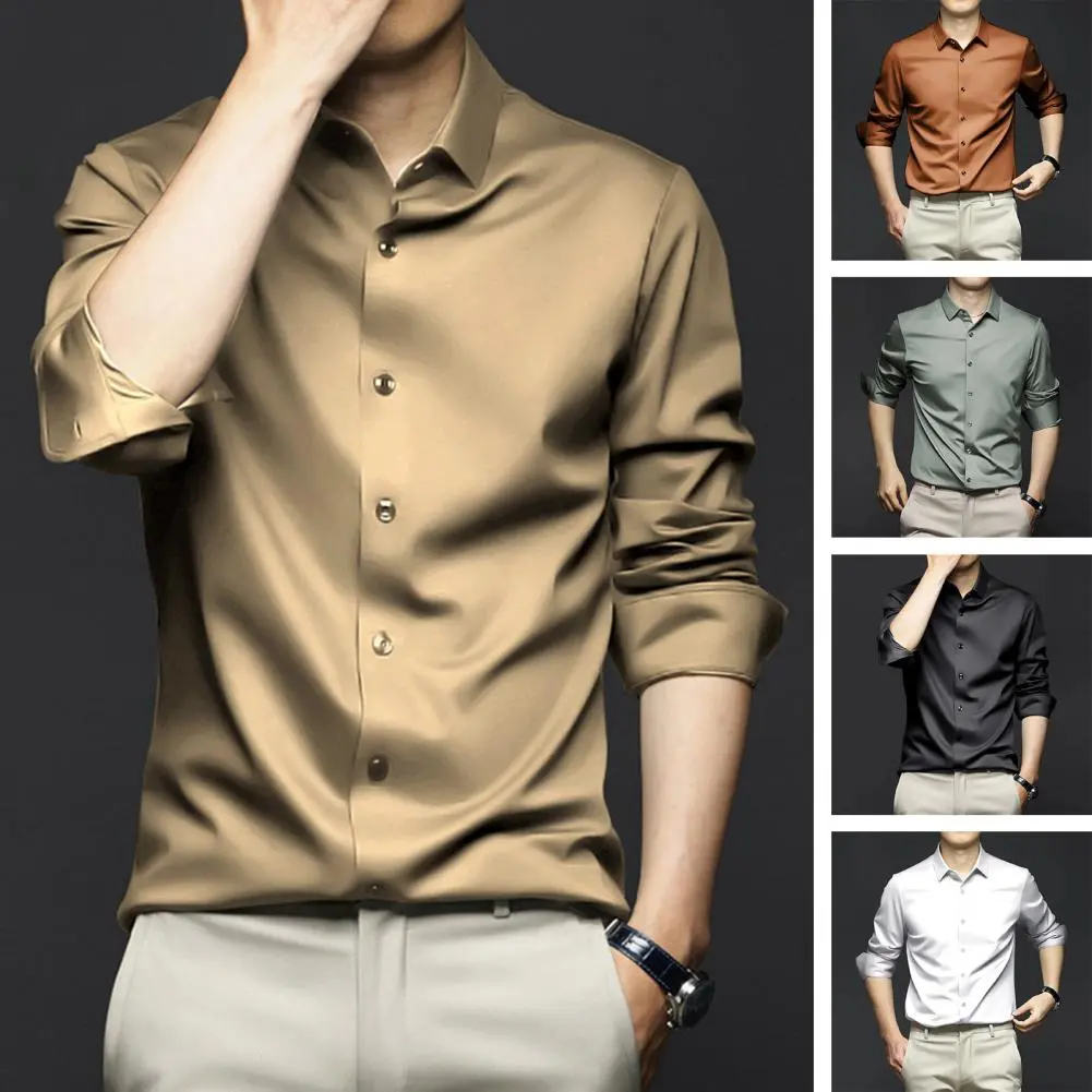 Men Spring Shirt Solid Color Satin Single-breasted Slim Fit Cardigan Long Sleeves Mid Length Casual Business Men Office Top