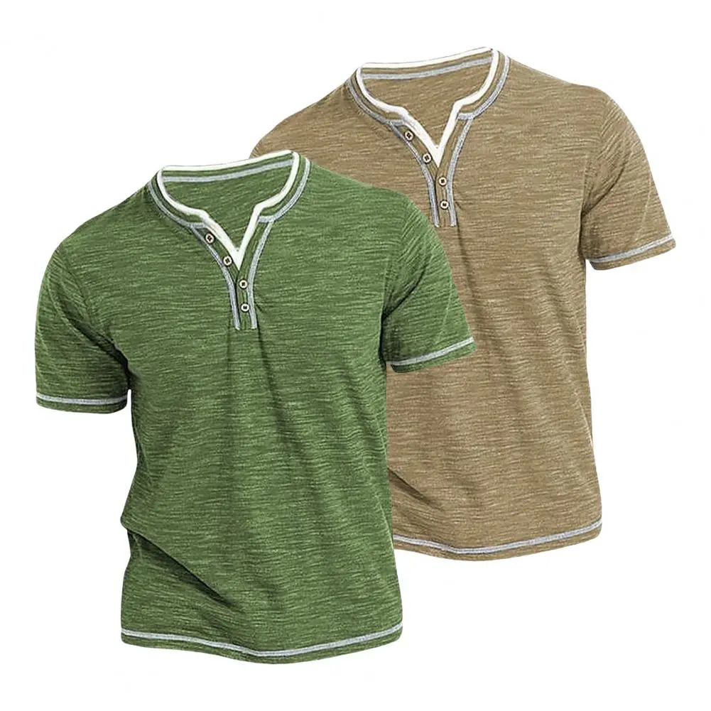 Men Summer Top Button V Neck Short Sleeves Soft Tee Shirt Contrast Color Striped Casual Pullover Mid Length Daily T-shirt