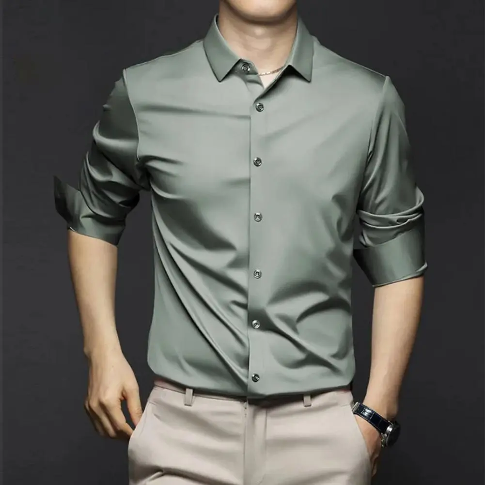 Men Spring Shirt Solid Color Satin Single-breasted Slim Fit Cardigan Long Sleeves Mid Length Casual Business Men Office Top