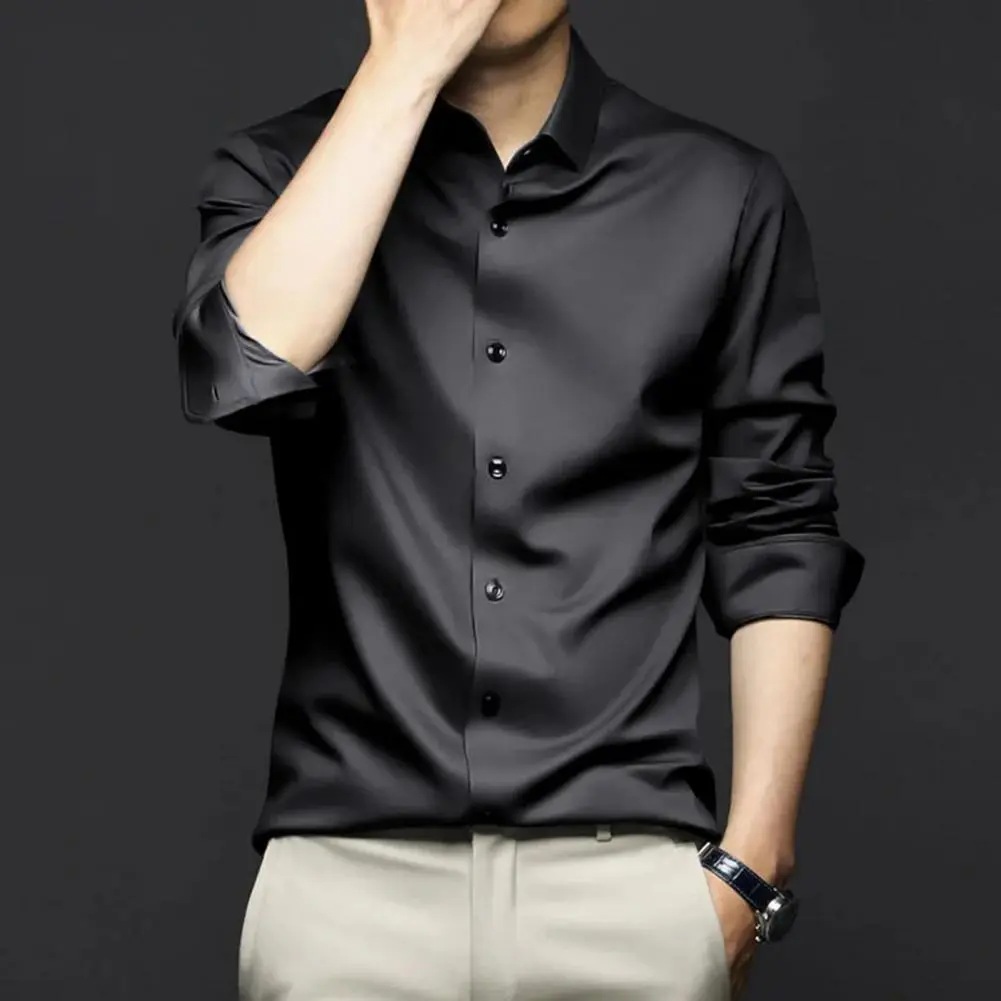 Men Spring Shirt Solid Color Satin Single-breasted Slim Fit Cardigan Long Sleeves Mid Length Casual Business Men Office Top